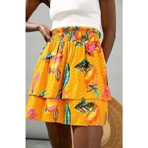Farm Rio x Anthropologie Savana Tiered Mini Skirt Size S Orange Tropical Print